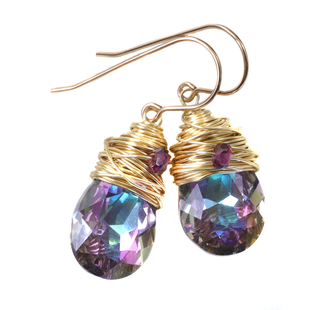 Spyglass Designs Wire Wrapped Earrings created with Multi Rainbow Color Crystals from Swarovski ® 14k Solid Gold or Sterling Silver Dangles