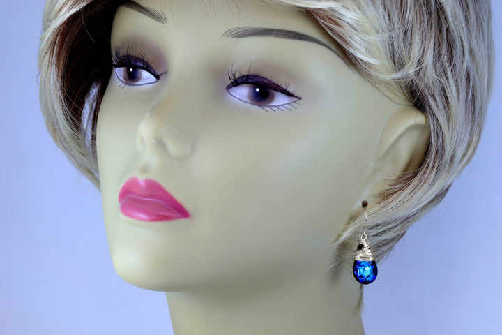 Spyglass Designs Wire Wrapped Earrings created with Bermuda Blue Sapphire Crystals from Swarovski ® 14k Solid Gold or Sterling Silver Dangle