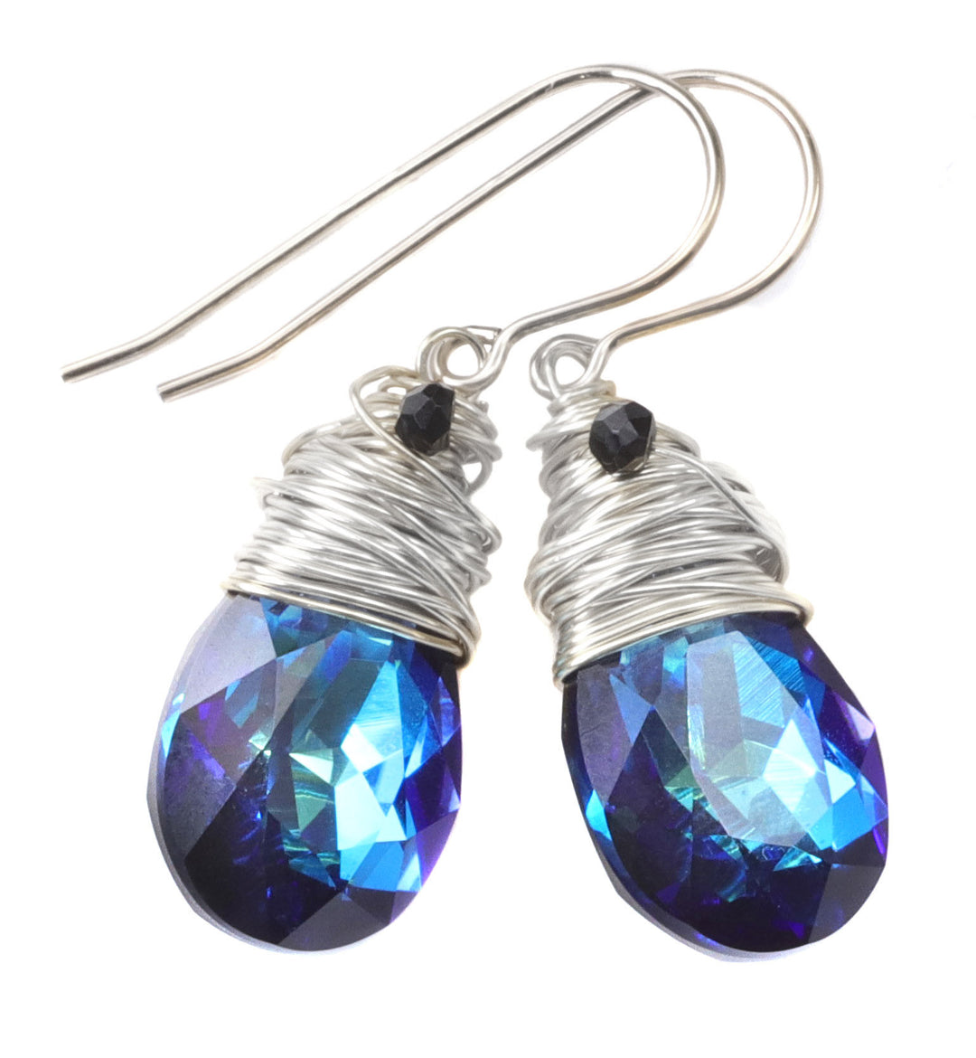 Spyglass Designs Wire Wrapped Earrings created with Bermuda Blue Sapphire Crystals from Swarovski ® 14k Solid Gold or Sterling Silver Dangle