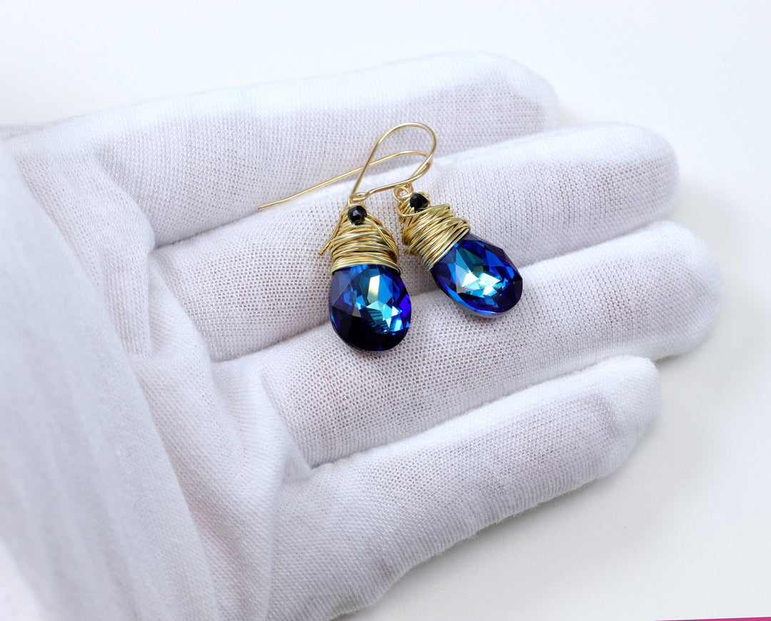 Spyglass Designs Wire Wrapped Earrings created with Bermuda Blue Sapphire Crystals from Swarovski ® 14k Solid Gold or Sterling Silver Dangle