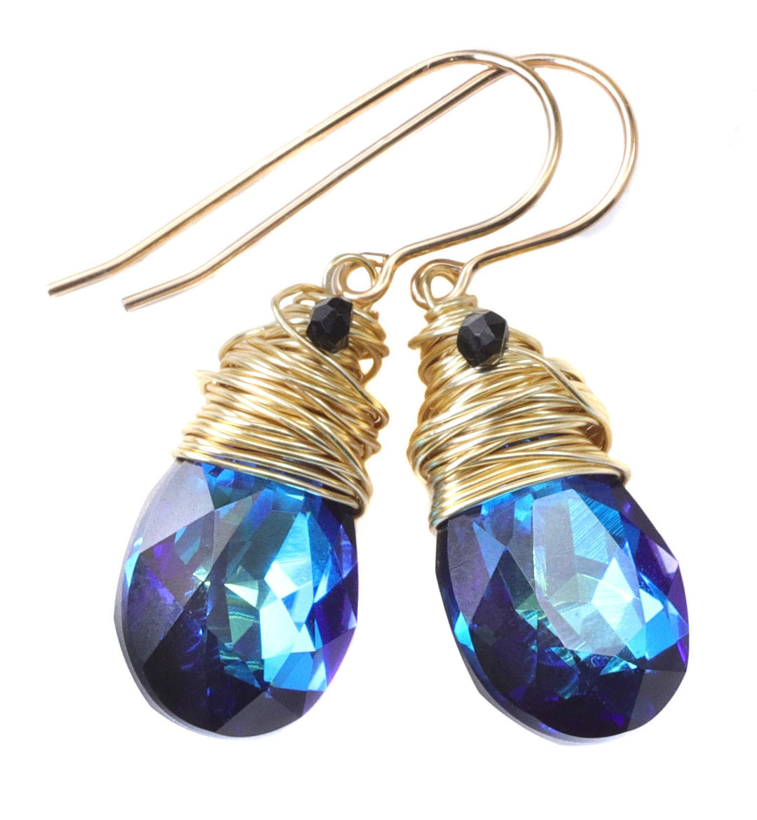 Spyglass Designs Wire Wrapped Earrings created with Bermuda Blue Sapphire Crystals from Swarovski ® 14k Solid Gold or Sterling Silver Dangle
