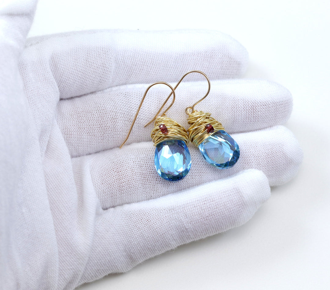 Spyglass Designs Wire Wrapped Earrings created with Aqua Aquamarine Blue Crystals from Swarovski ® 14k Solid Gold or Sterling Silver Dangles
