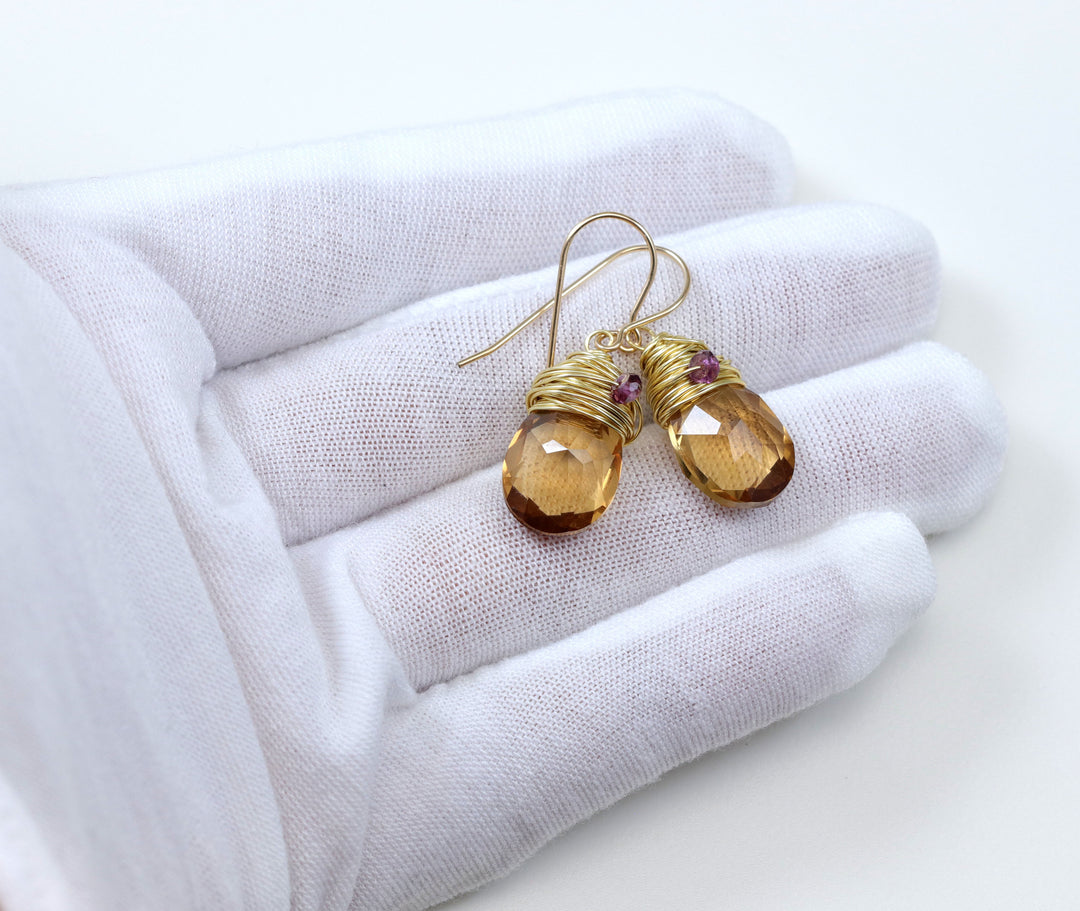 Spyglass Designs Wire Wrapped Earrings created with Imperial Yellow Topaz Crystal from Swarovski ® 14k Solid Gold or Sterling Silver Dangles