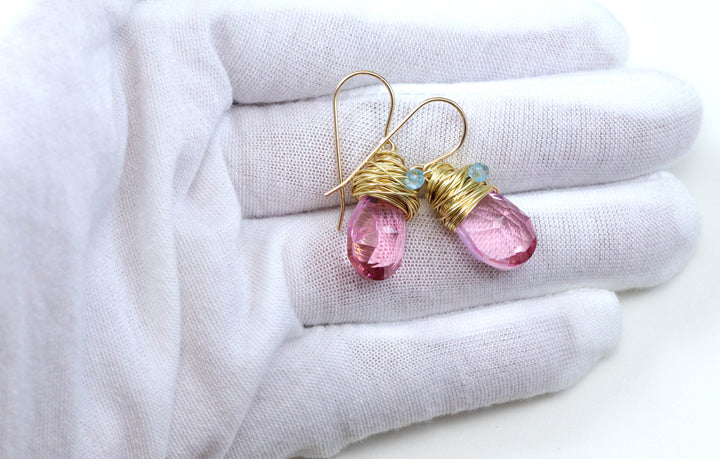 Spyglass Designs Wire Wrapped Earrings created with Pink Sapphire Crystals from Swarovski ® 14k Solid Gold or Sterling Silver Dangles Drops