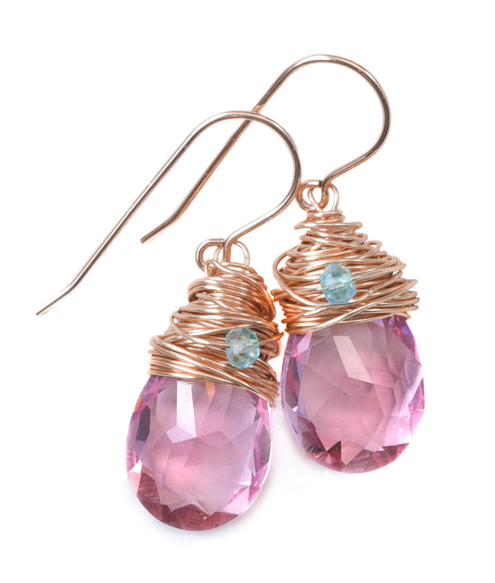 Spyglass Designs Wire Wrapped Earrings created with Pink Sapphire Crystals from Swarovski ® 14k Solid Gold or Sterling Silver Dangles Drops