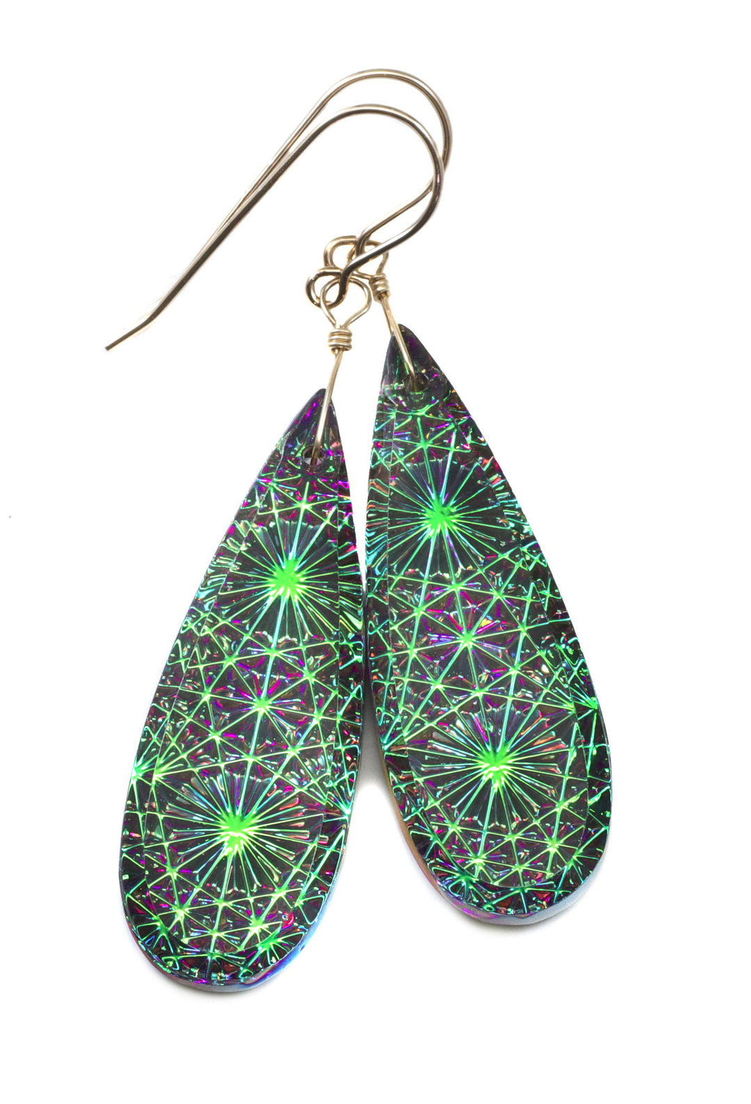 Kaleidoscope Crystal Earrings Electric Peacock Green and Purple Engraved Large Teardrops  14k Solid Gold or Filled or Sterling Silver  2.3 &quot;
