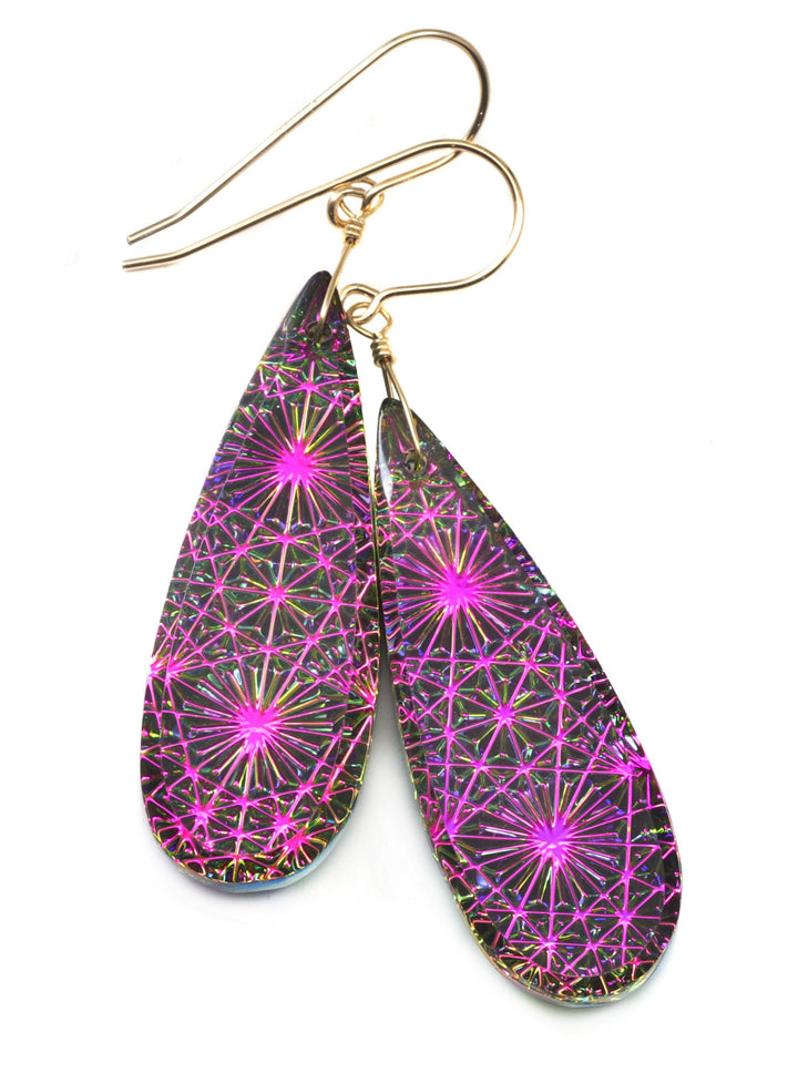 Kaleidoscope Crystal Earrings Electric Peacock Pink Purple Green Engraved Large Teardrops 14k Solid Gold or Filled or Sterling Silver  2.3 &quot;