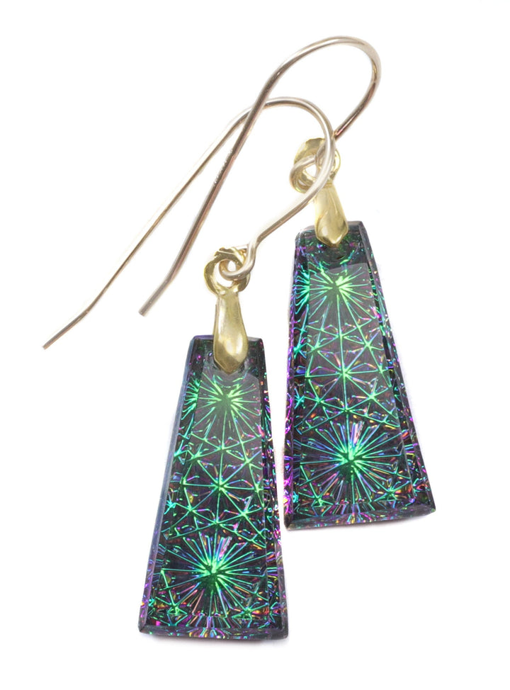 Kaleidoscope Crystal Earrings Electric Peacock Green Purple Engraved  Rectangular Drops  14k Solid Gold or Filled or Sterling Silver  2.3 &quot;
