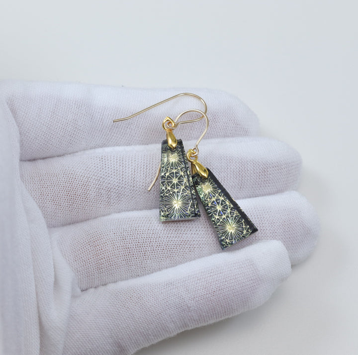 Kaleidoscope Crystal Earrings Electric Golden Yellow  Engraved  Rectangular Drops  14k Solid Gold or Filled or Sterling Silver  1.5 Inches