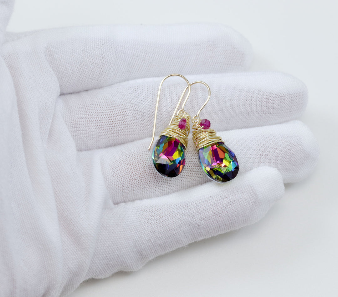 Spyglass Designs Wire Wrap Earrings created with Multi Rainbow Color Dark Crystals from Swarovski ® 14k Solid Gold or Sterling Silver Dangle