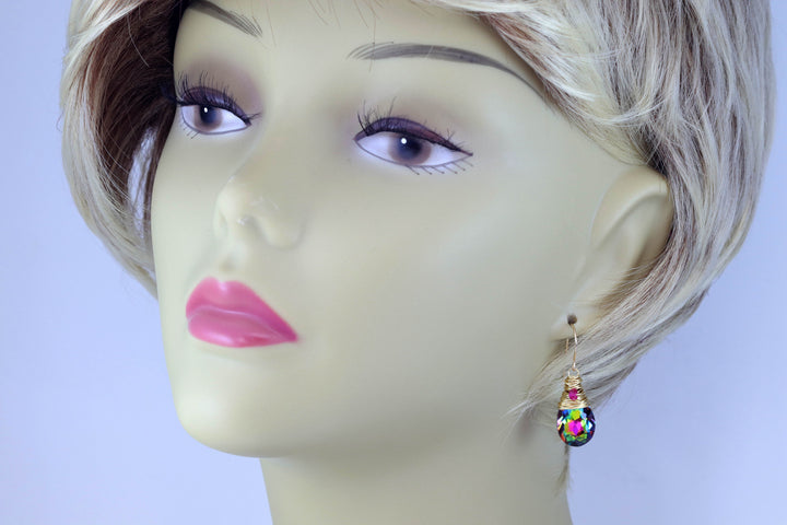 Spyglass Designs Wire Wrap Earrings created with Multi Rainbow Color Dark Crystals from Swarovski ® 14k Solid Gold or Sterling Silver Dangle