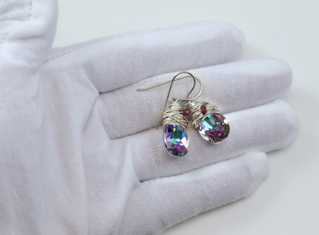 Spyglass Designs Wire Wrapped Earrings created with Multi Rainbow Color Crystals from Swarovski ® 14k Solid Gold or Sterling Silver Dangles