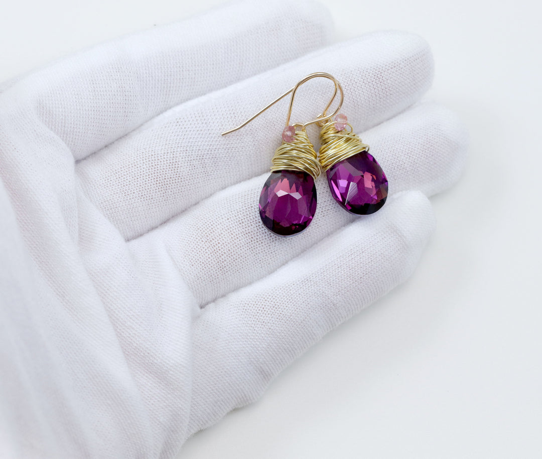 Spyglass Designs Wire Wrapped Earrings created with Purple Amethyst Crystals from Swarovski ® 14k Solid Gold or Sterling Silver Dangles