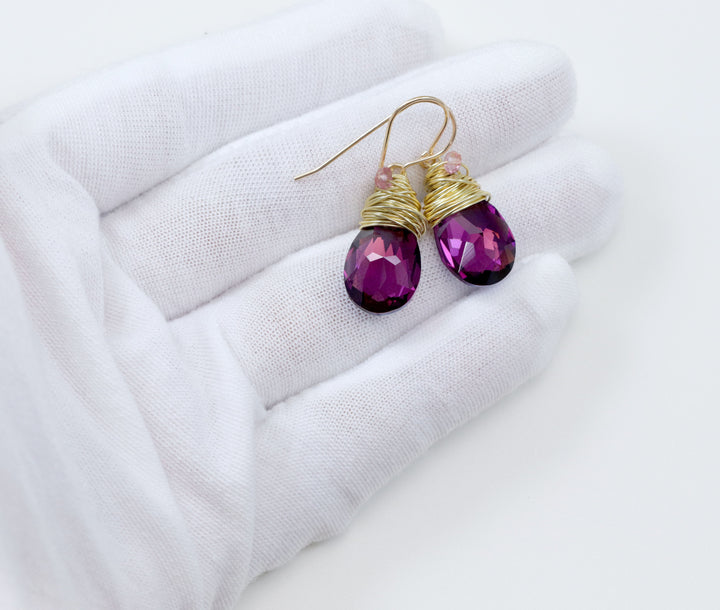Spyglass Designs Wire Wrapped Earrings created with Purple Amethyst Crystals from Swarovski ® 14k Solid Gold or Sterling Silver Dangles