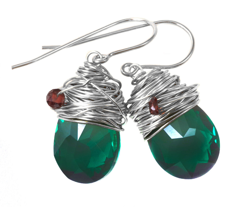 Spyglass Designs Wire Wrapped Earrings created with Green Emerald Crystals from Swarovski ® 14k Solid Gold or Sterling Silver Dangles Drops