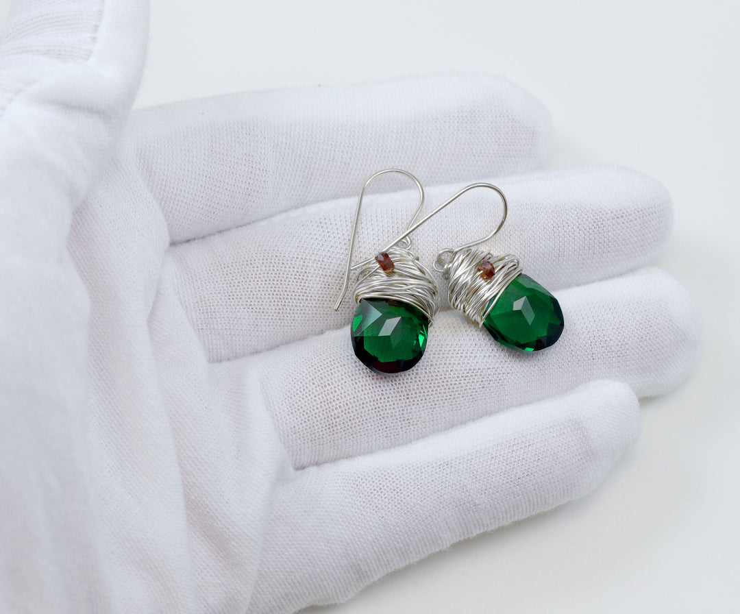 Spyglass Designs Wire Wrapped Earrings created with Green Emerald Crystals from Swarovski ® 14k Solid Gold or Sterling Silver Dangles Drops