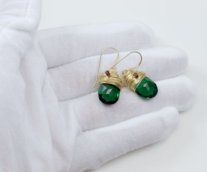 Spyglass Designs Wire Wrapped Earrings created with Green Emerald Crystals from Swarovski ® 14k Solid Gold or Sterling Silver Dangles Drops