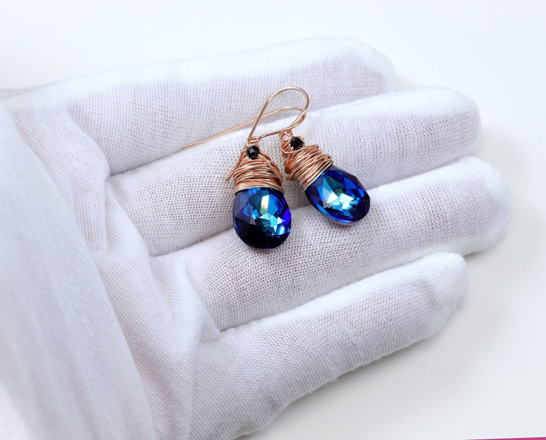 Spyglass Designs Wire Wrapped Earrings created with Bermuda Blue Sapphire Crystals from Swarovski ® 14k Solid Gold or Sterling Silver Dangle