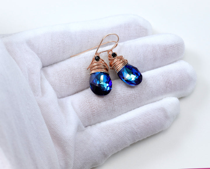 Spyglass Designs Wire Wrapped Earrings created with Bermuda Blue Sapphire Crystals from Swarovski ® 14k Solid Gold or Sterling Silver Dangle
