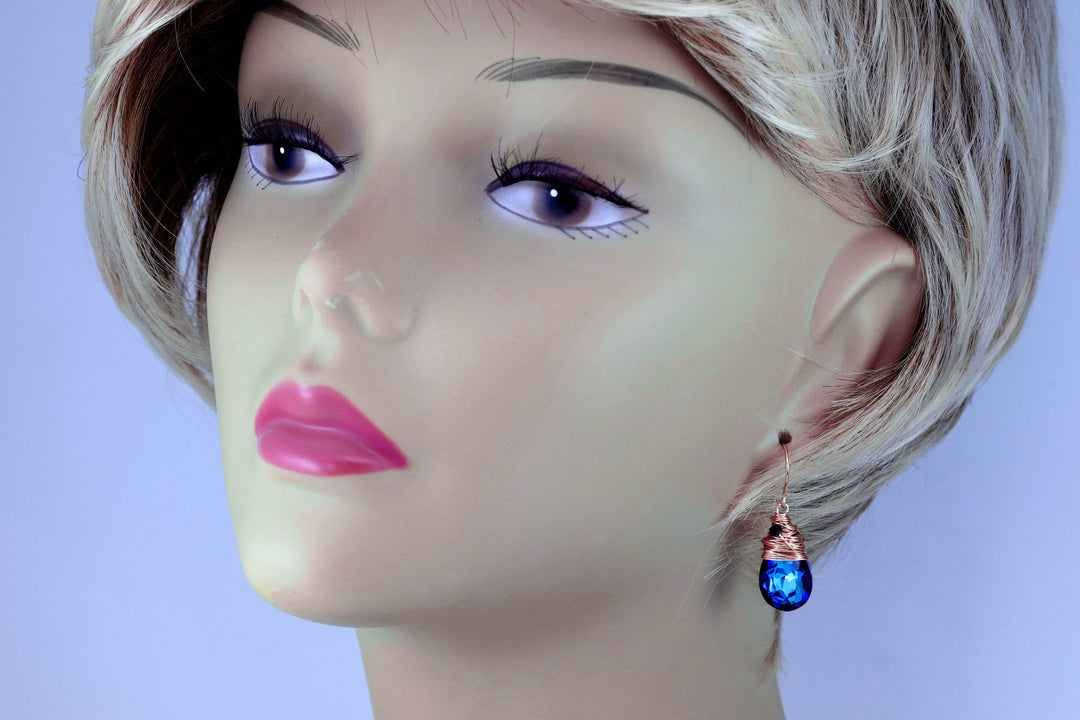 Spyglass Designs Wire Wrapped Earrings created with Bermuda Blue Sapphire Crystals from Swarovski ® 14k Solid Gold or Sterling Silver Dangle