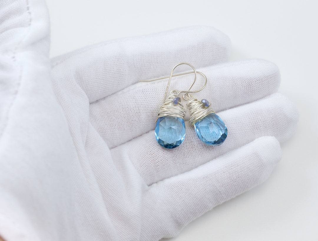 Spyglass Designs Wire Wrapped Earrings created with Aqua Aquamarine Blue Crystals from Swarovski ® 14k Solid Gold or Sterling Silver Dangles