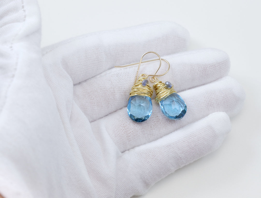 Spyglass Designs Wire Wrapped Earrings created with Aqua Aquamarine Blue Crystals from Swarovski ® 14k Solid Gold or Sterling Silver Dangles