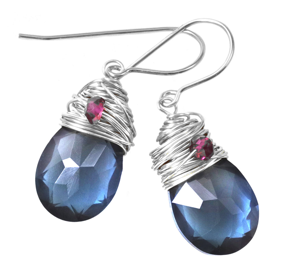 Spyglass Designs Wire Wrapped Earrings created with London Blue Sapphire Crystals from Swarovski ® 14k Solid Gold or Sterling Silver Dangles