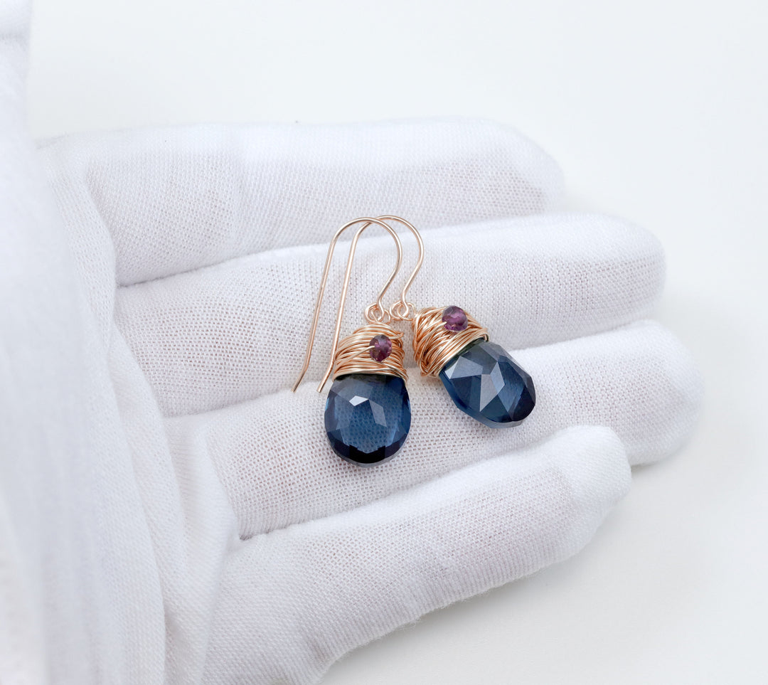 Spyglass Designs Wire Wrapped Earrings created with London Blue Sapphire Crystals from Swarovski ® 14k Solid Gold or Sterling Silver Dangles