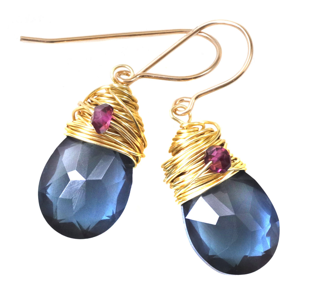 Spyglass Designs Wire Wrapped Earrings created with London Blue Sapphire Crystals from Swarovski ® 14k Solid Gold or Sterling Silver Dangles