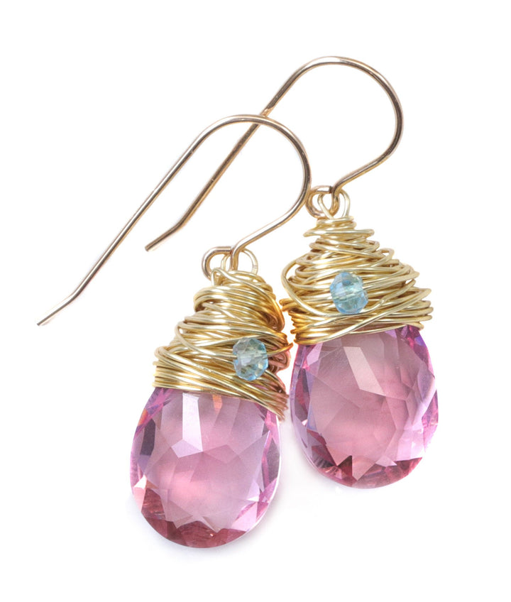 Spyglass Designs Wire Wrapped Earrings created with Pink Sapphire Crystals from Swarovski ® 14k Solid Gold or Sterling Silver Dangles Drops