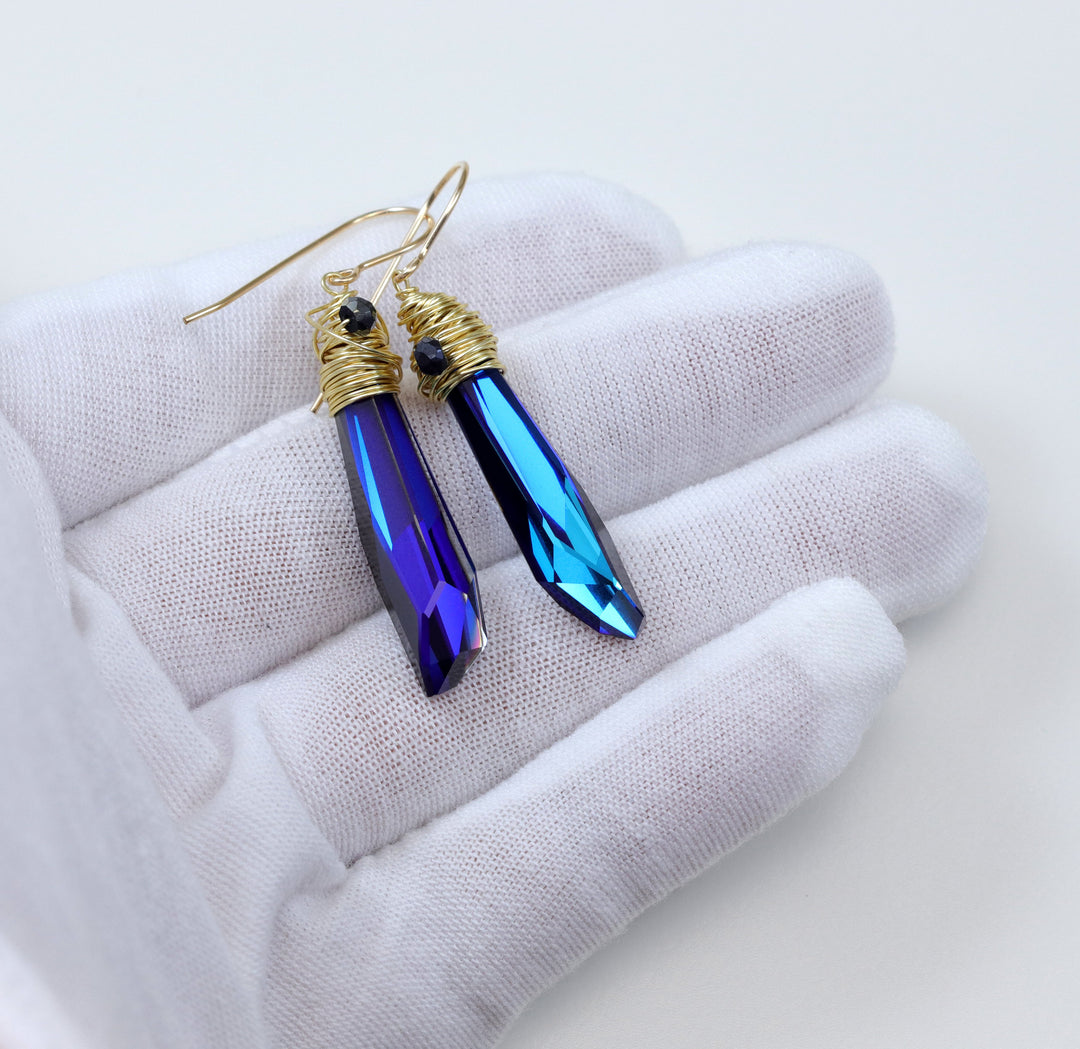 Spyglass Designs Wire Wrap Earrings created with Bermuda Blue Sapphire Crystals from Swarovski ® 14k Solid Gold or Sterling Silver Dangle 2 