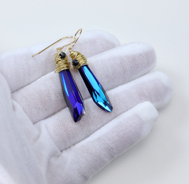Spyglass Designs Wire Wrap Earrings created with Bermuda Blue Sapphire Crystals from Swarovski ® 14k Solid Gold or Sterling Silver Dangle 2 