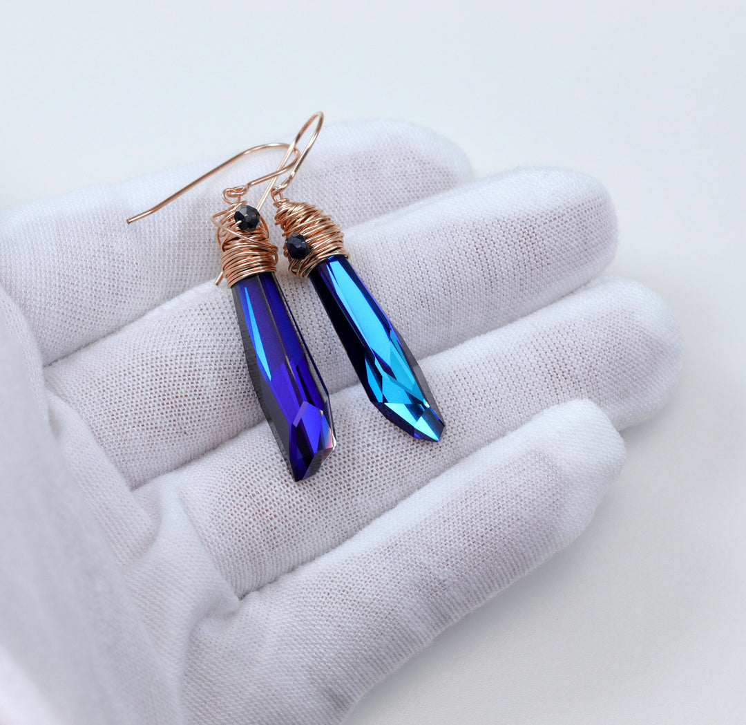 Spyglass Designs Wire Wrap Earrings created with Bermuda Blue Sapphire Crystals from Swarovski ® 14k Solid Gold or Sterling Silver Dangle 2 