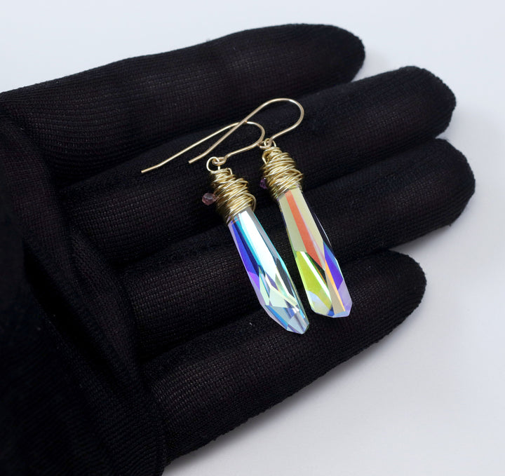 Spyglass Designs Wire Wrapped Earrings created with Clear AB Crystals from Swarovski ® 14k Solid Gold or Sterling Silver Dangles 2 Inch