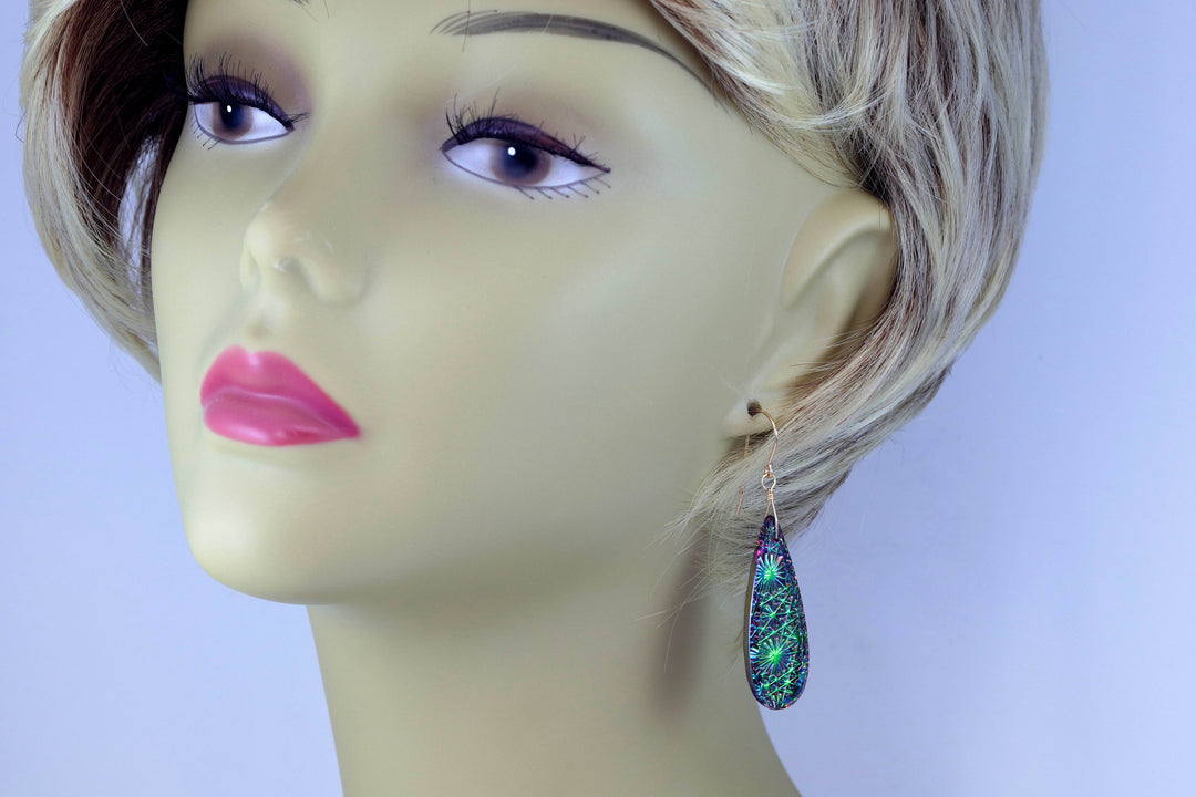 Kaleidoscope Crystal Earrings Electric Peacock Green and Purple Engraved Large Teardrops  14k Solid Gold or Filled or Sterling Silver  2.3 &quot;