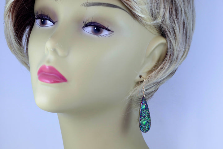 Kaleidoscope Crystal Earrings Electric Peacock Green and Purple Engraved Large Teardrops  14k Solid Gold or Filled or Sterling Silver  2.3 &quot;