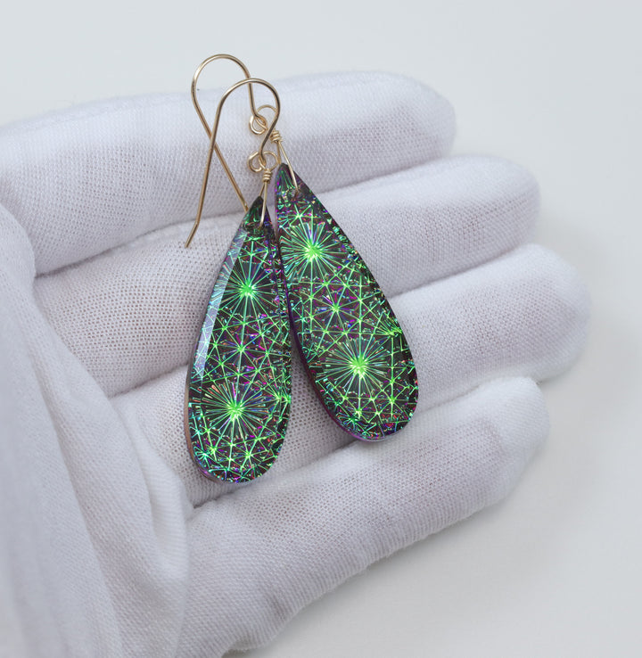 Kaleidoscope Crystal Earrings Electric Peacock Green and Purple Engraved Large Teardrops  14k Solid Gold or Filled or Sterling Silver  2.3 &quot;