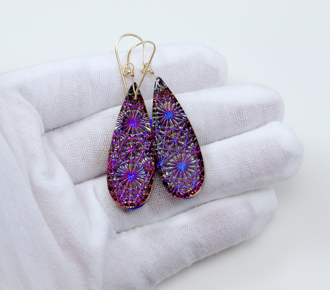 Kaleidoscope Crystal Earrings Electric Peacock Blue and Purple Engraved Large Teardrops  14k Solid Gold or Filled or Sterling Silver  2.3 &quot;