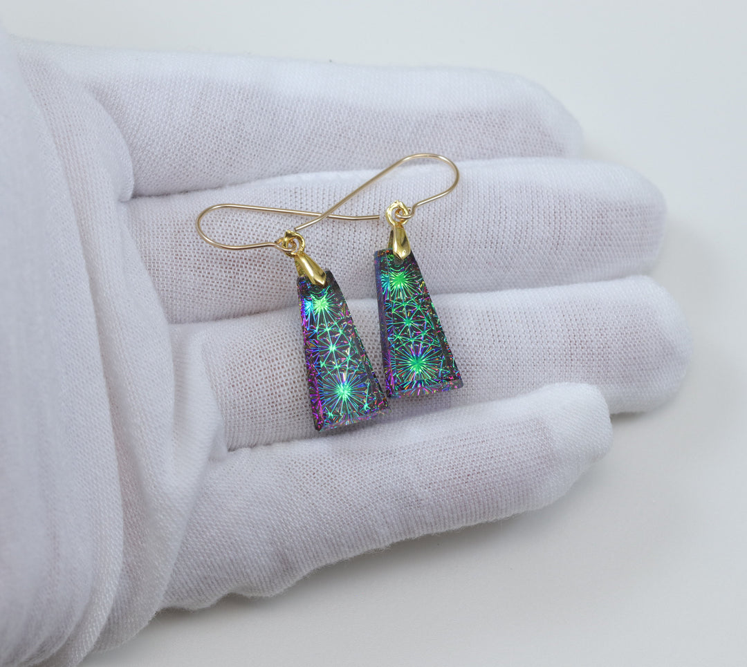 Kaleidoscope Crystal Earrings Electric Peacock Green Purple Engraved  Rectangular Drops  14k Solid Gold or Filled or Sterling Silver  2.3 &quot;