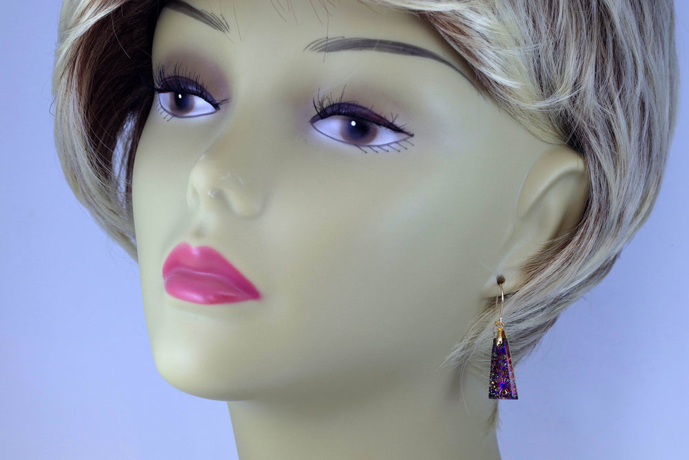 Kaleidoscope Crystal Earrings Electric Peacock Purple Engraved  Rectangular Drops  14k Solid Gold or Filled or Sterling Silver  1.5 Inches