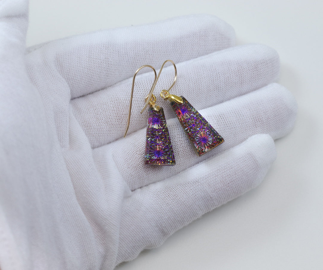 Kaleidoscope Crystal Earrings Electric Peacock Purple Engraved  Rectangular Drops  14k Solid Gold or Filled or Sterling Silver  1.5 Inches