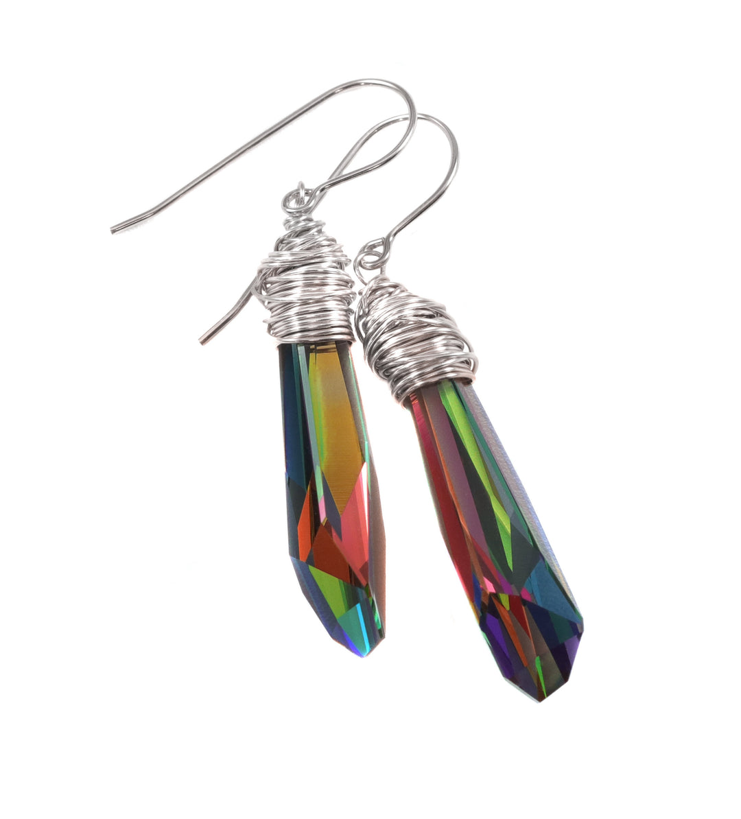 Spyglass Designs Wire Wrapped Earrings created with Vitrail Multi Rainbow Crystals from Swarovski ® 14k Solid Gold Sterling Silver 2 In
