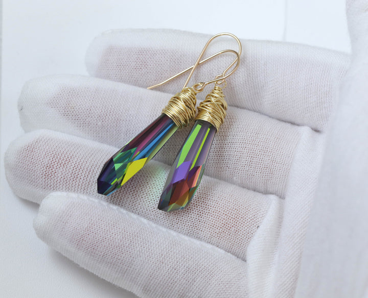 Spyglass Designs Wire Wrapped Earrings created with Vitrail Multi Rainbow Crystals from Swarovski ® 14k Solid Gold Sterling Silver 2 In