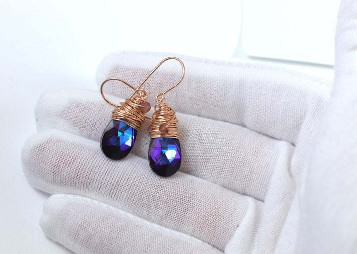 Spyglass Designs Wire Wrap Earrings created with Heliotrope Blue Sapphire Crystal from Swarovski ® 14k Solid Gold or Sterling Silver Dangle