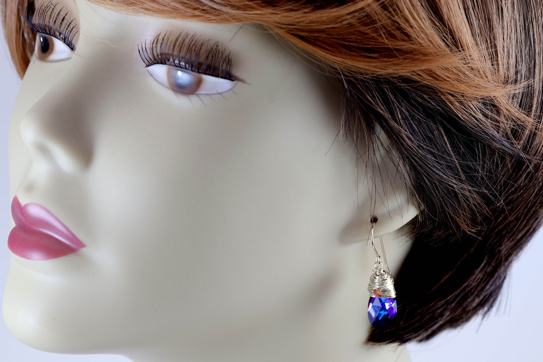 Spyglass Designs Wire Wrap Earrings created with Heliotrope Blue Sapphire Crystal from Swarovski ® 14k Solid Gold or Sterling Silver Dangle