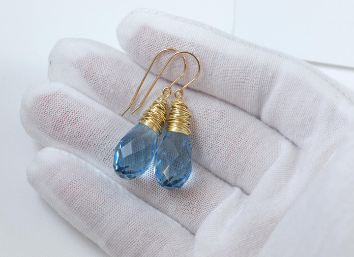 Spyglass Designs Wire Wrap Earrings created with Aqua Aquamarine Blue Crystals from Swarovski ® 14k Solid Gold or Sterling Silver Lg Dangles