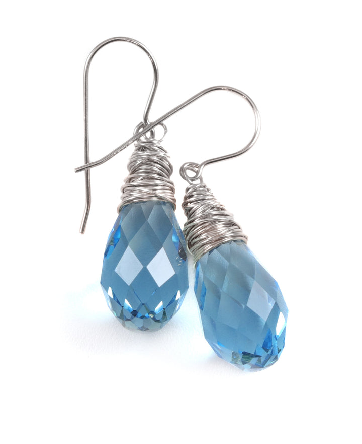 Spyglass Designs Wire Wrap Earrings created with Aqua Aquamarine Blue Crystals from Swarovski ® 14k Solid Gold or Sterling Silver Lg Dangles