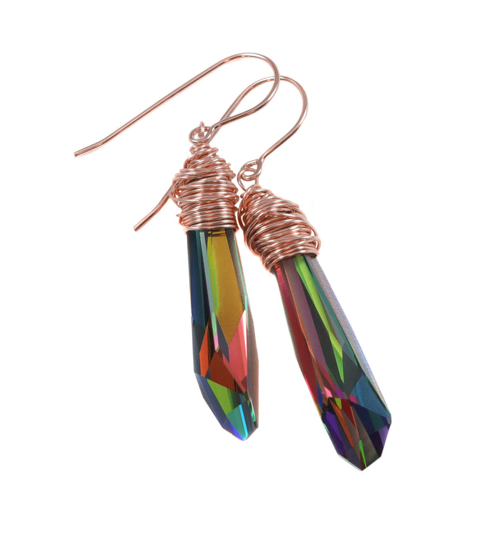 Spyglass Designs Wire Wrapped Earrings created with Vitrail Multi Rainbow Crystals from Swarovski ® 14k Solid Gold Sterling Silver 2 In
