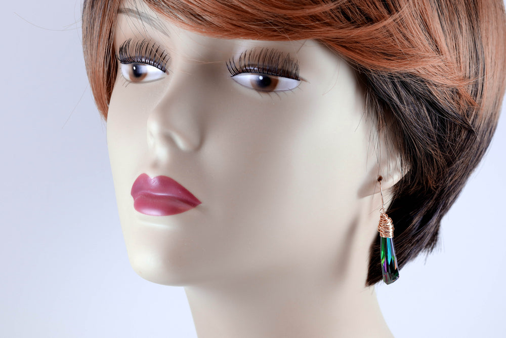 Spyglass Designs Wire Wrapped Earrings created with Vitrail Multi Rainbow Crystals from Swarovski ® 14k Solid Gold Sterling Silver 2 In