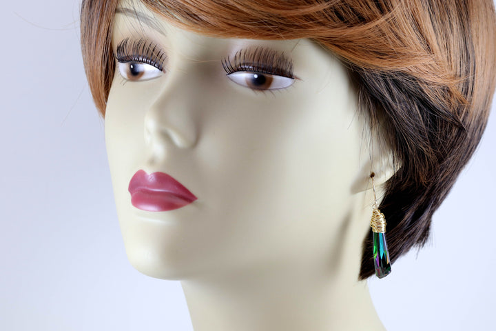 Spyglass Designs Wire Wrapped Earrings created with Vitrail Multi Rainbow Crystals from Swarovski ® 14k Solid Gold Sterling Silver 2 In